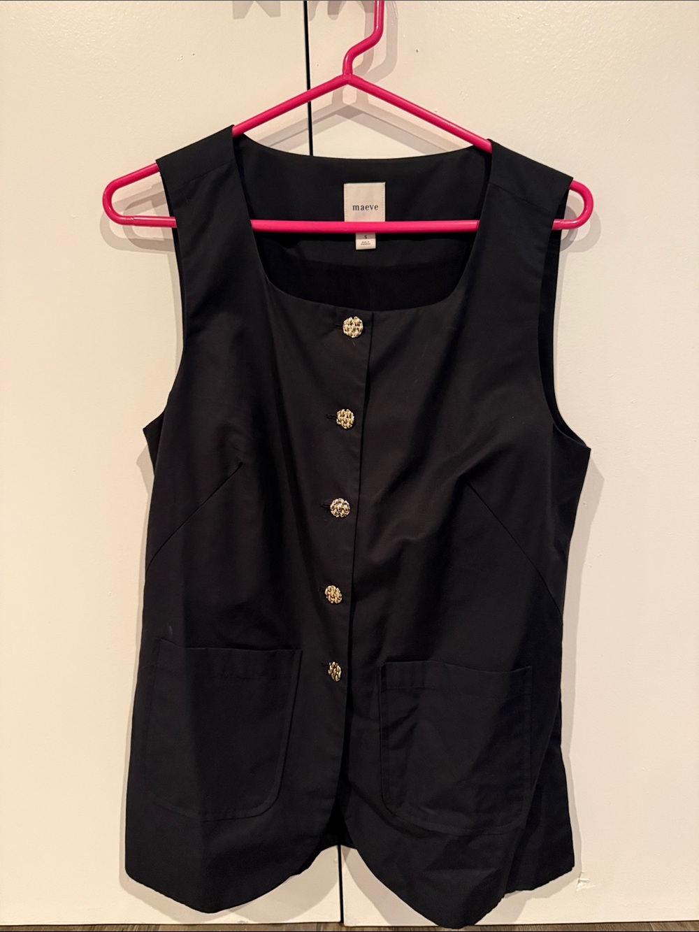 Maeve Black Button-Front Tailored Vest with Gold Buttons
